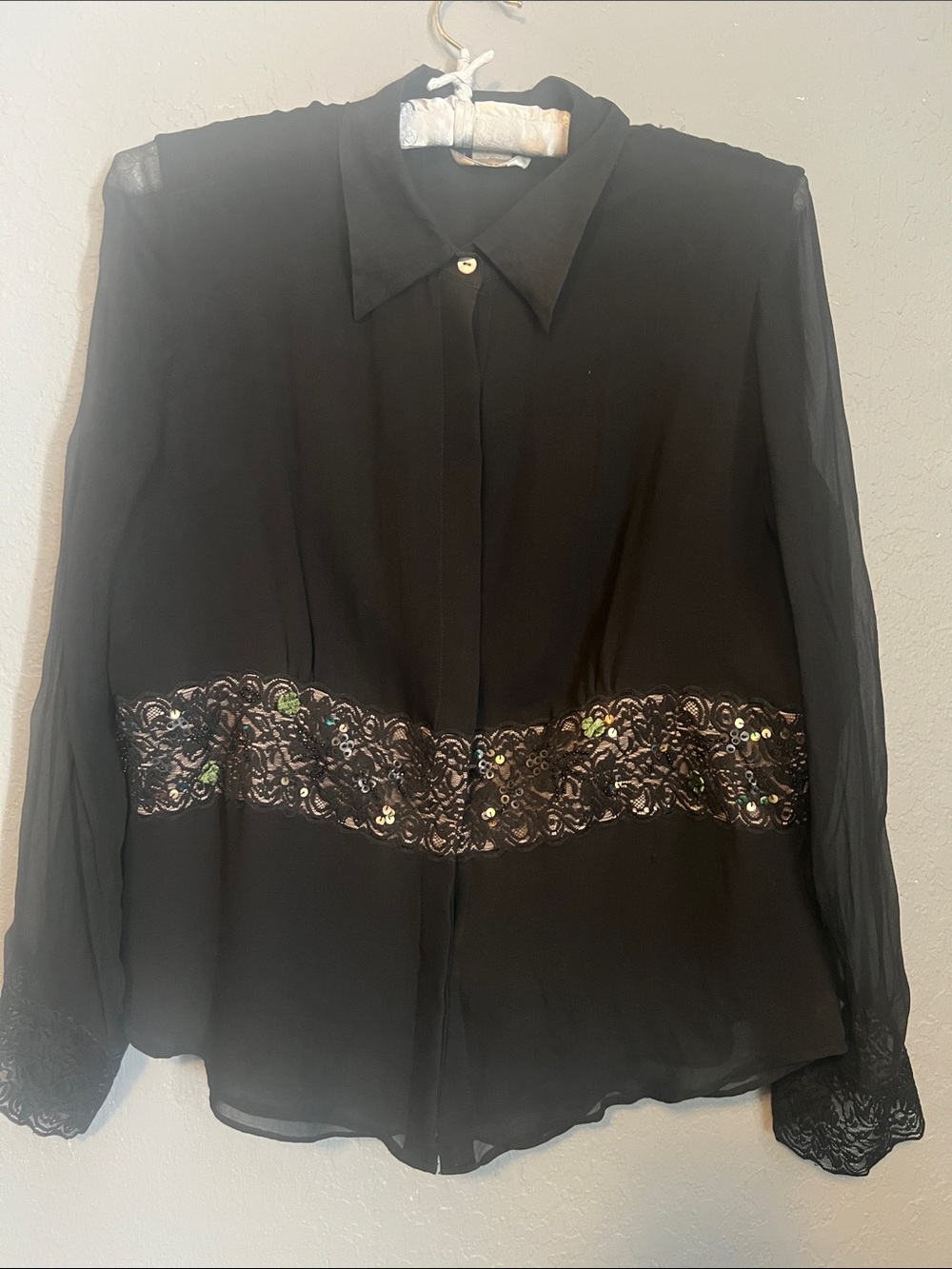 Sheer Black Long-Sleeve Blouse with Sequin Lace Band